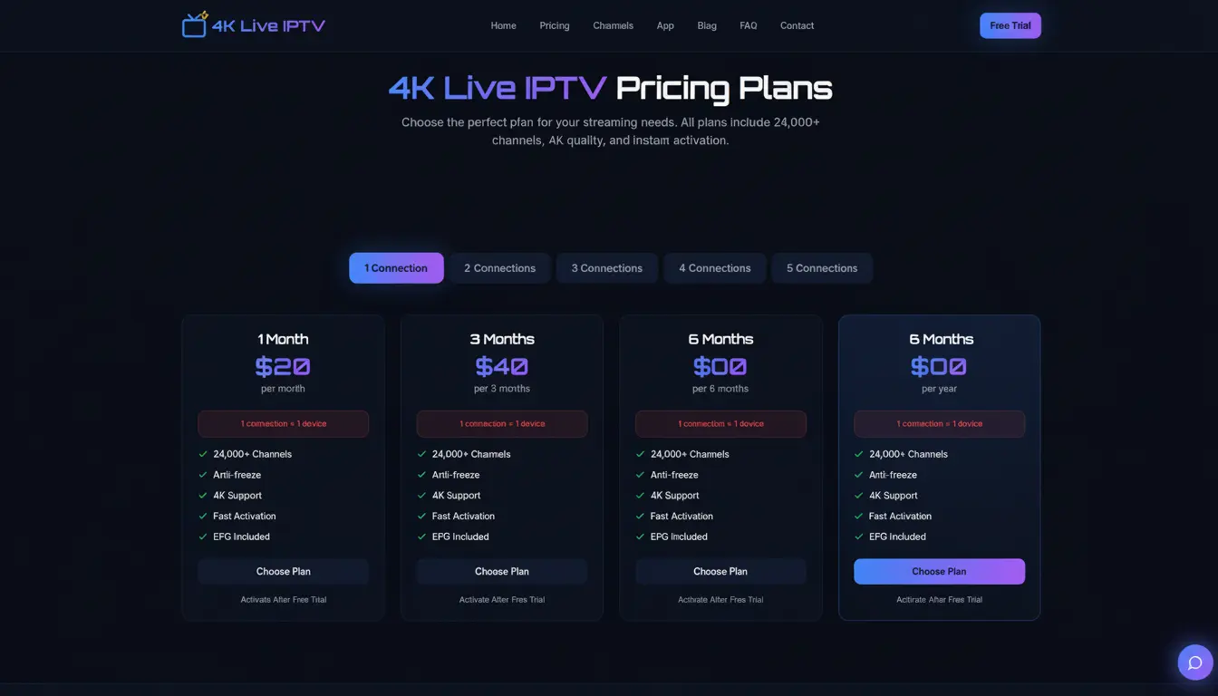 4K Live IPTV subscription plans with pricing details
