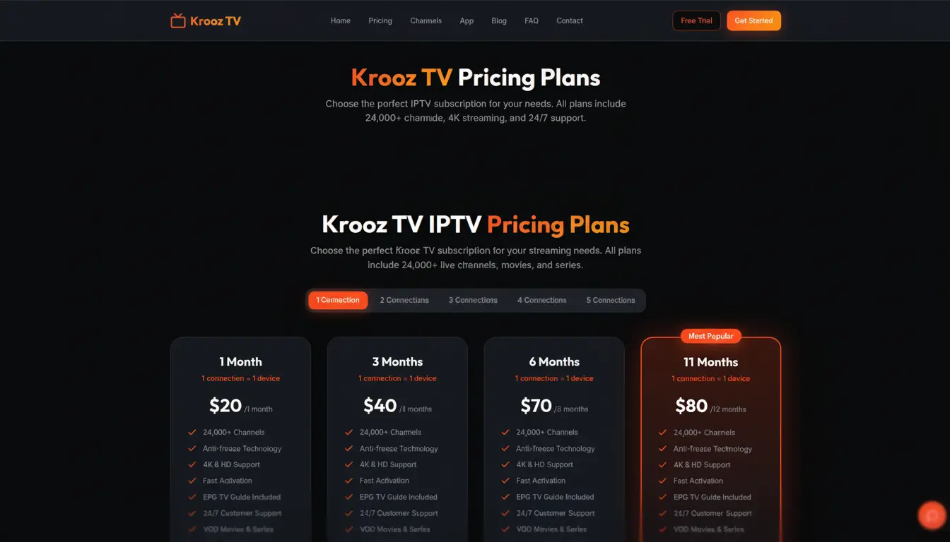Krooz IPTV subscription plans and pricing page